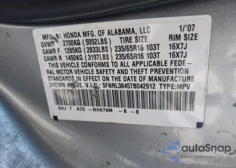 2007 Honda Odyssey Ex из США, поврежденный, VIN 5FNRL38457B042912